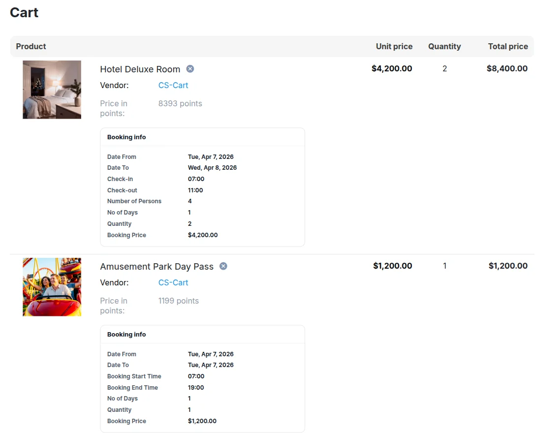 CS-Cart booking cart view