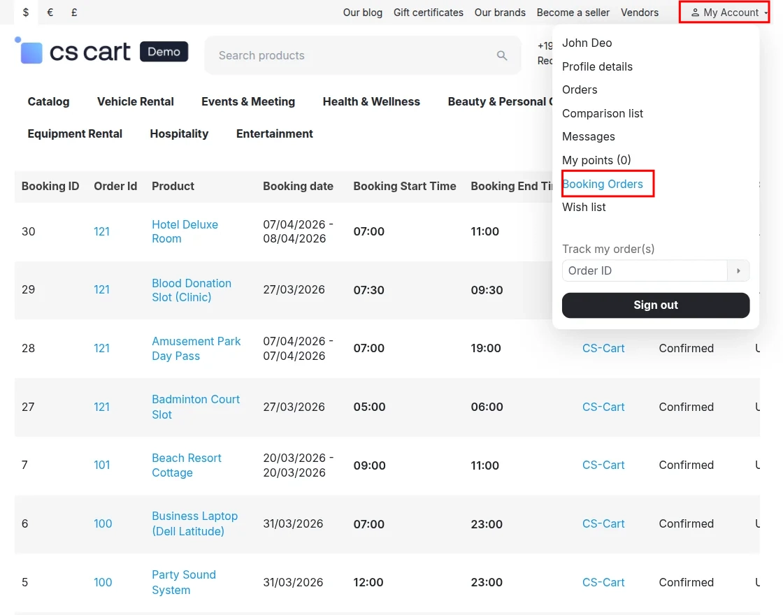 CS-Cart booking orders