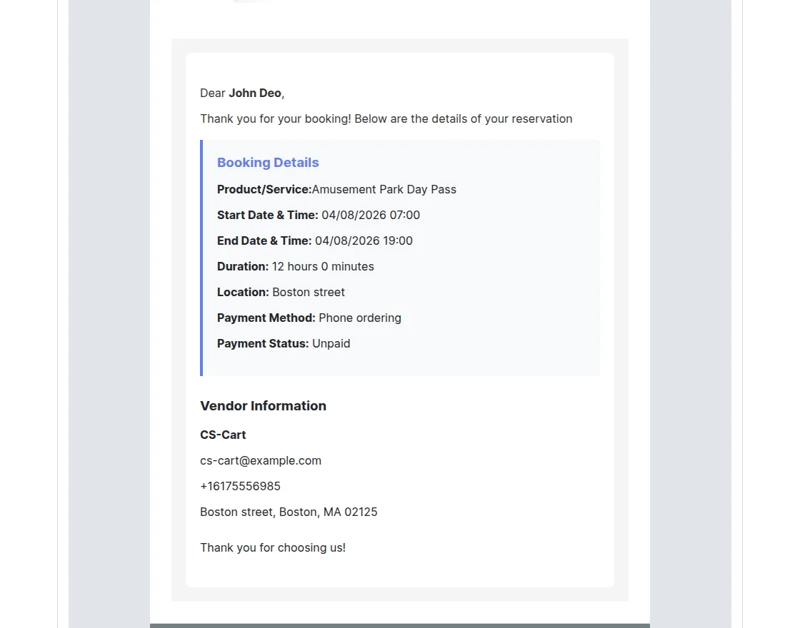 CS-Cart booking email