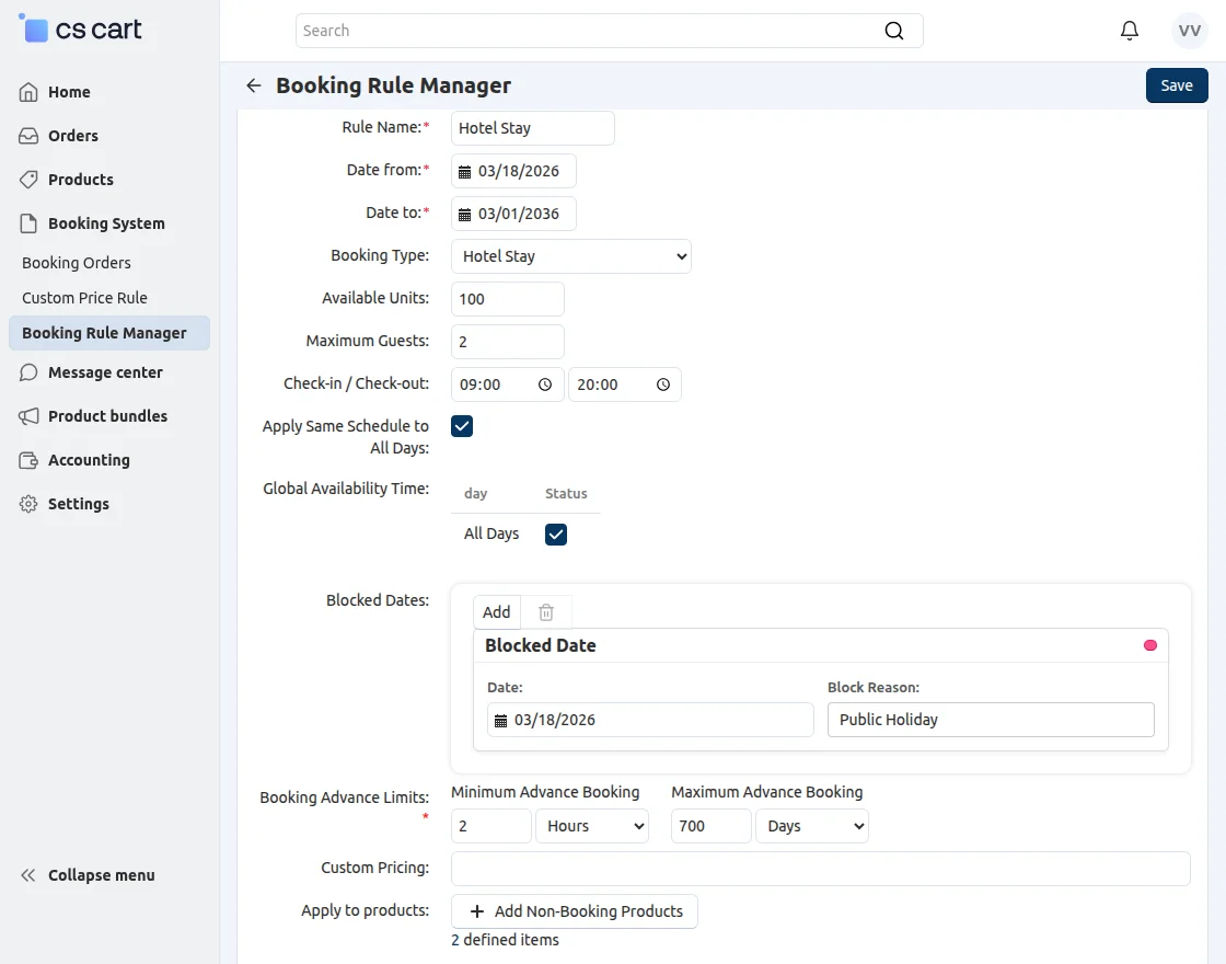 CS-Cart hotel stay booking from rule manager