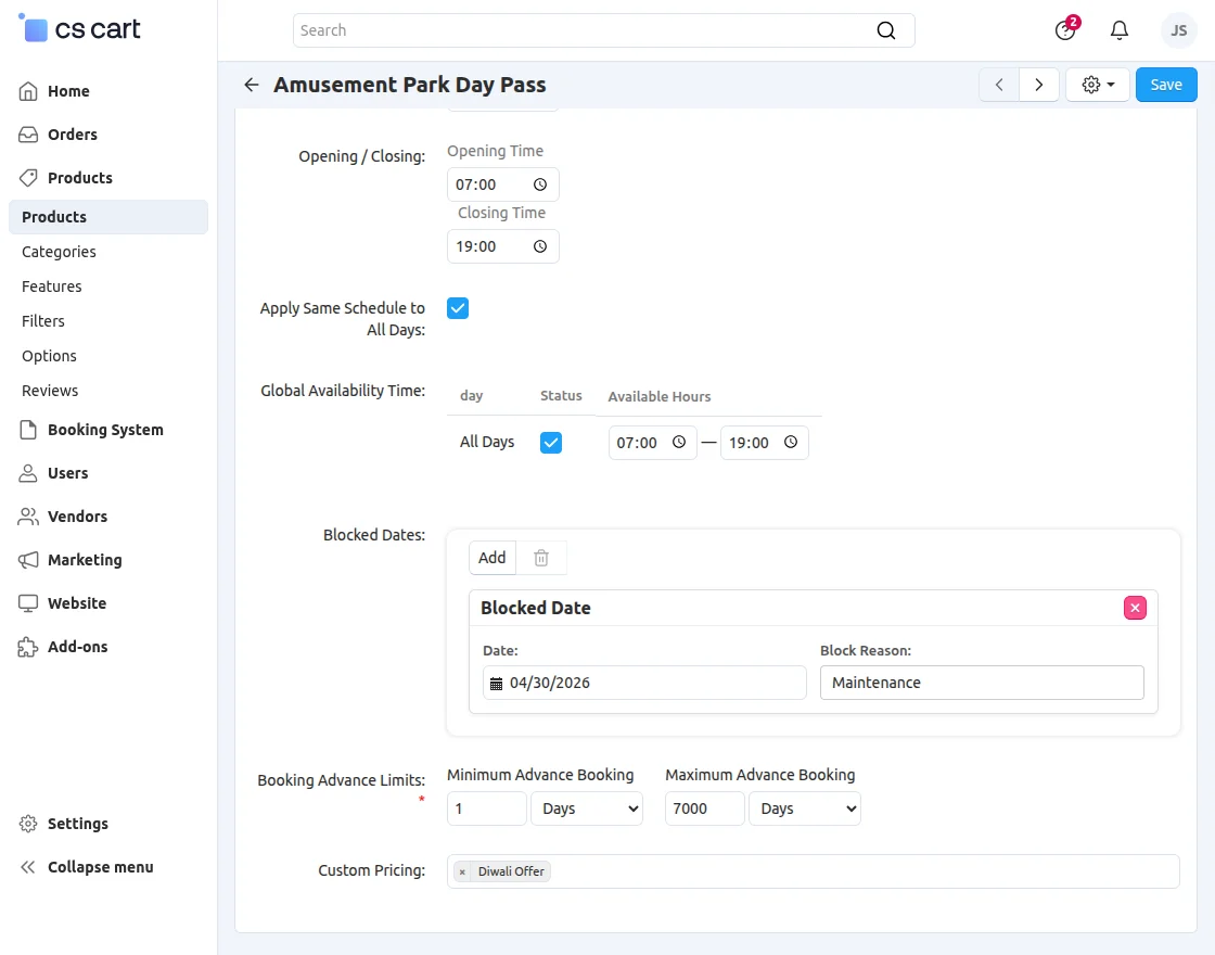 CS-Cart daily rental booking