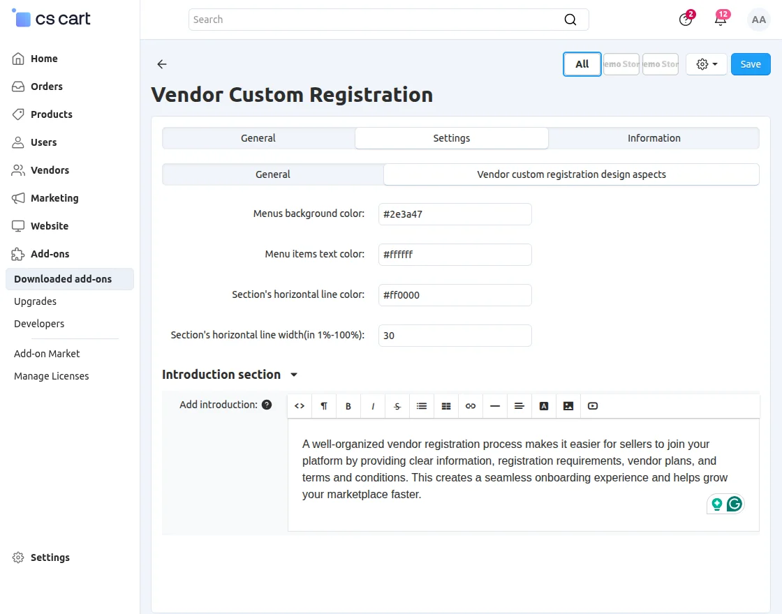 CS-Cart vendor custom registration design configuration