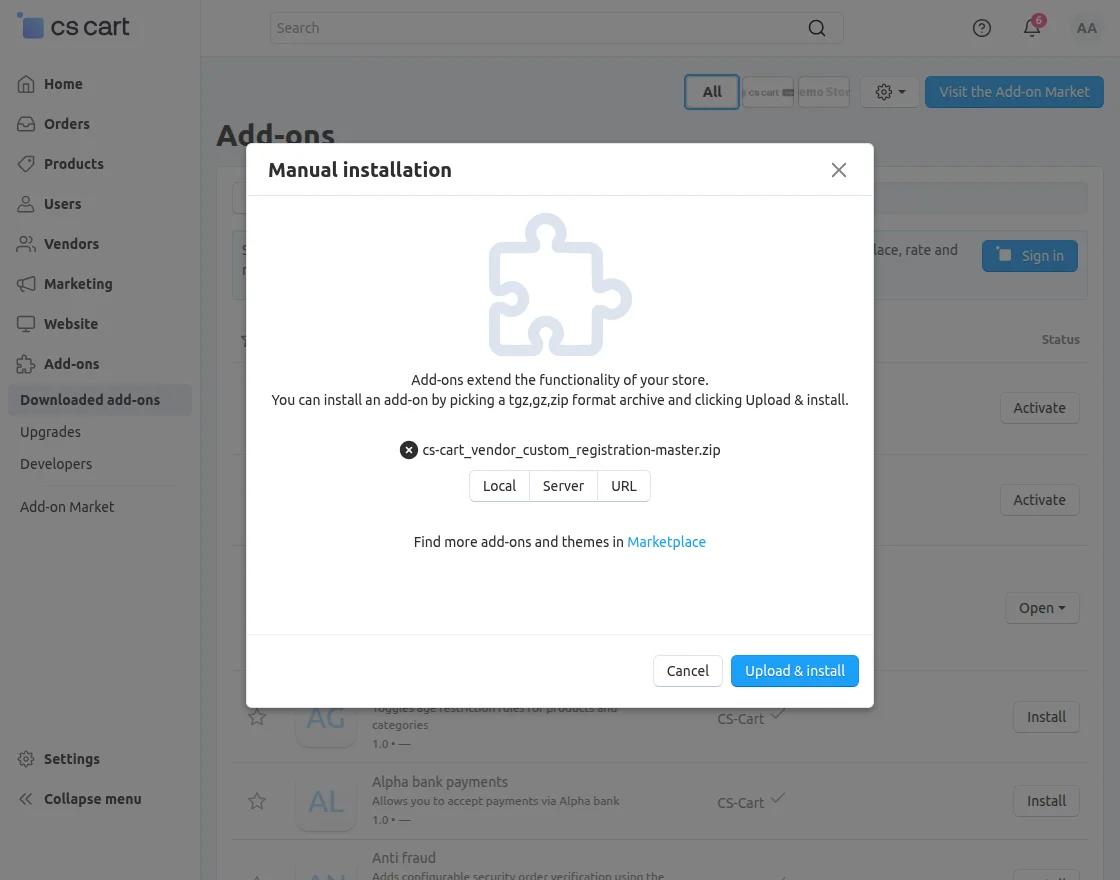 CS-Cart vendor custom registration addon install