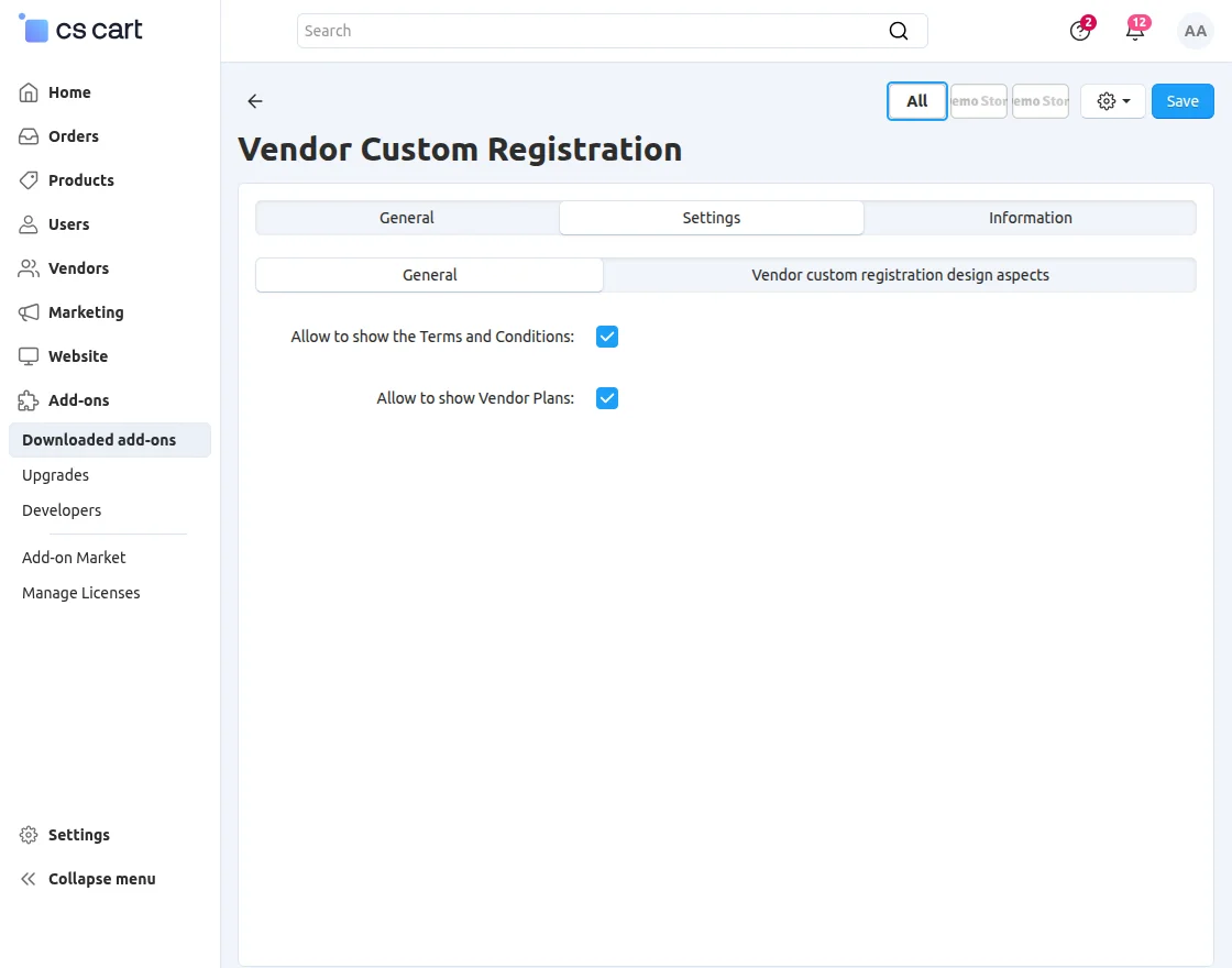 CS-Cart vendor custom registration addon configuration