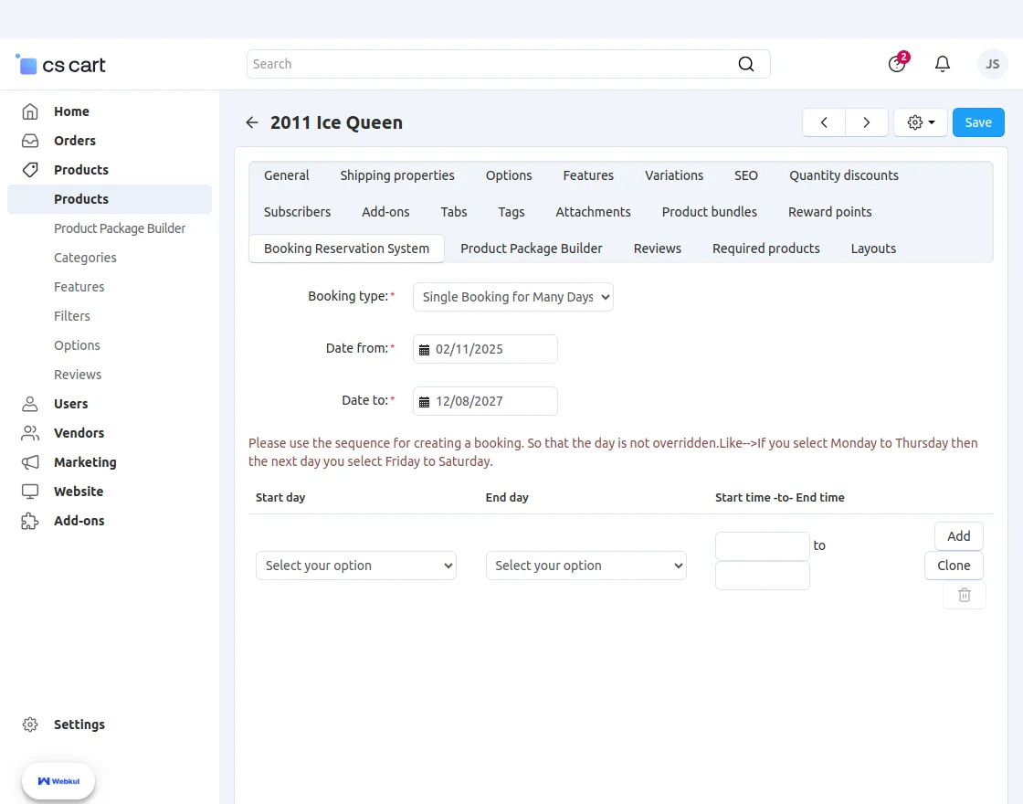 single booking for many days