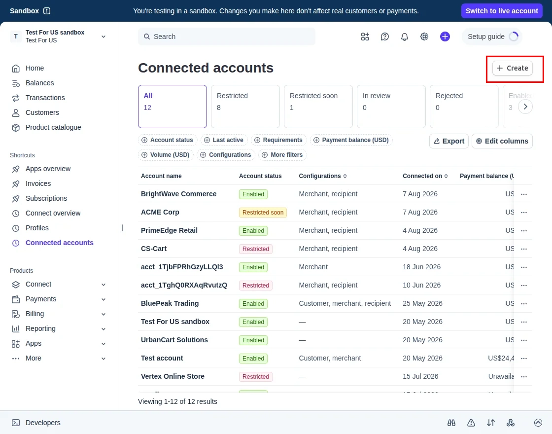 Create account on Stripe