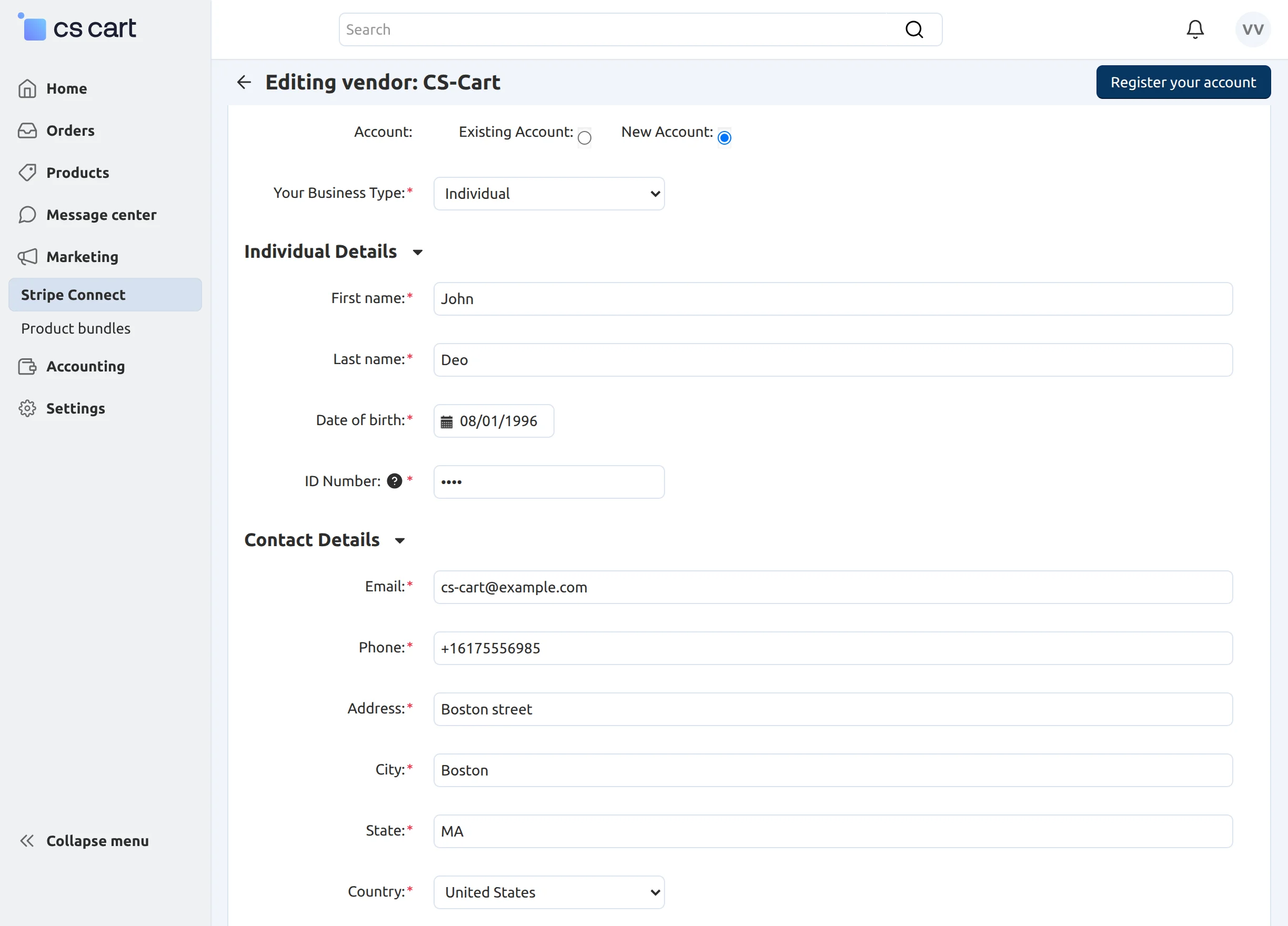 CS-Cart creating new stripe account