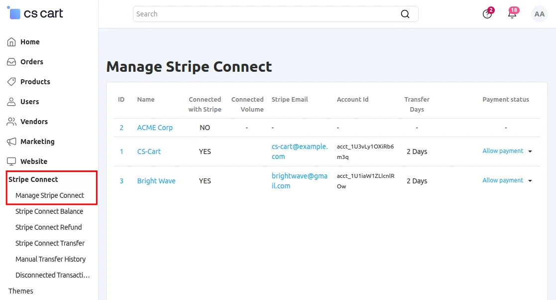 CS-Cart manage Stripe Accounts