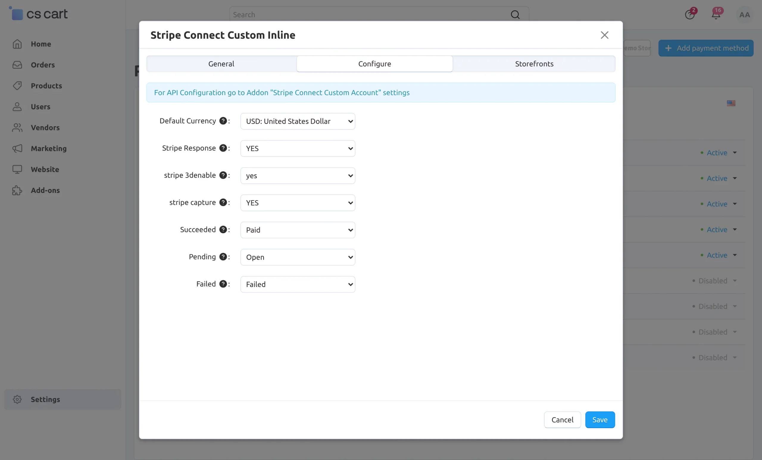 CS-Cart Stripe inline payment configuration