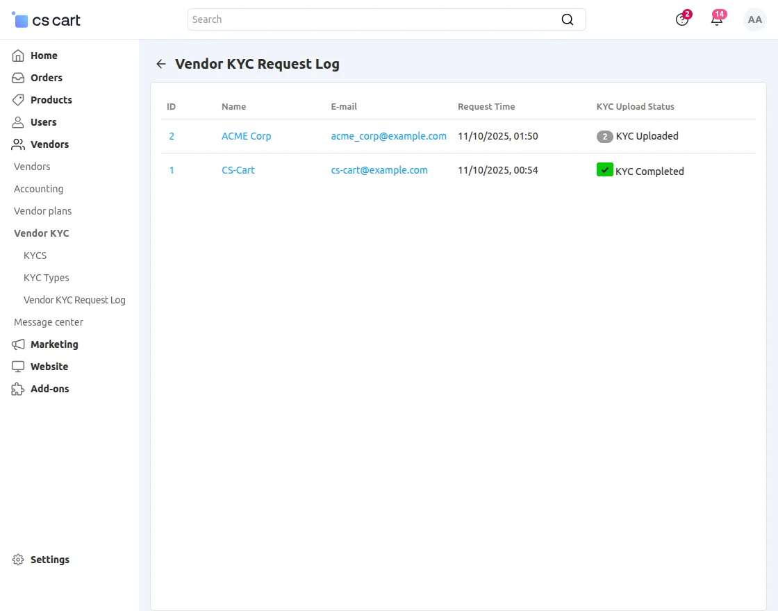 CS-Cart vendor kyc logs