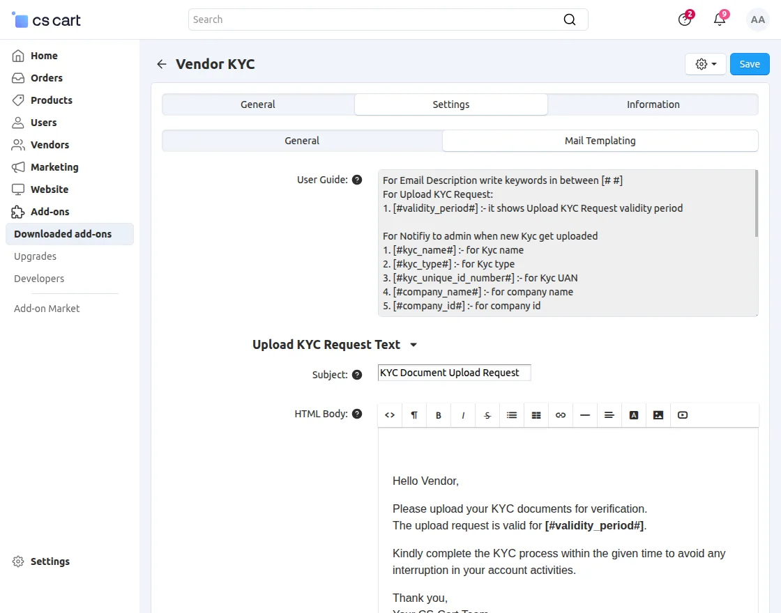 CS-Cart Vendor KYC mail template