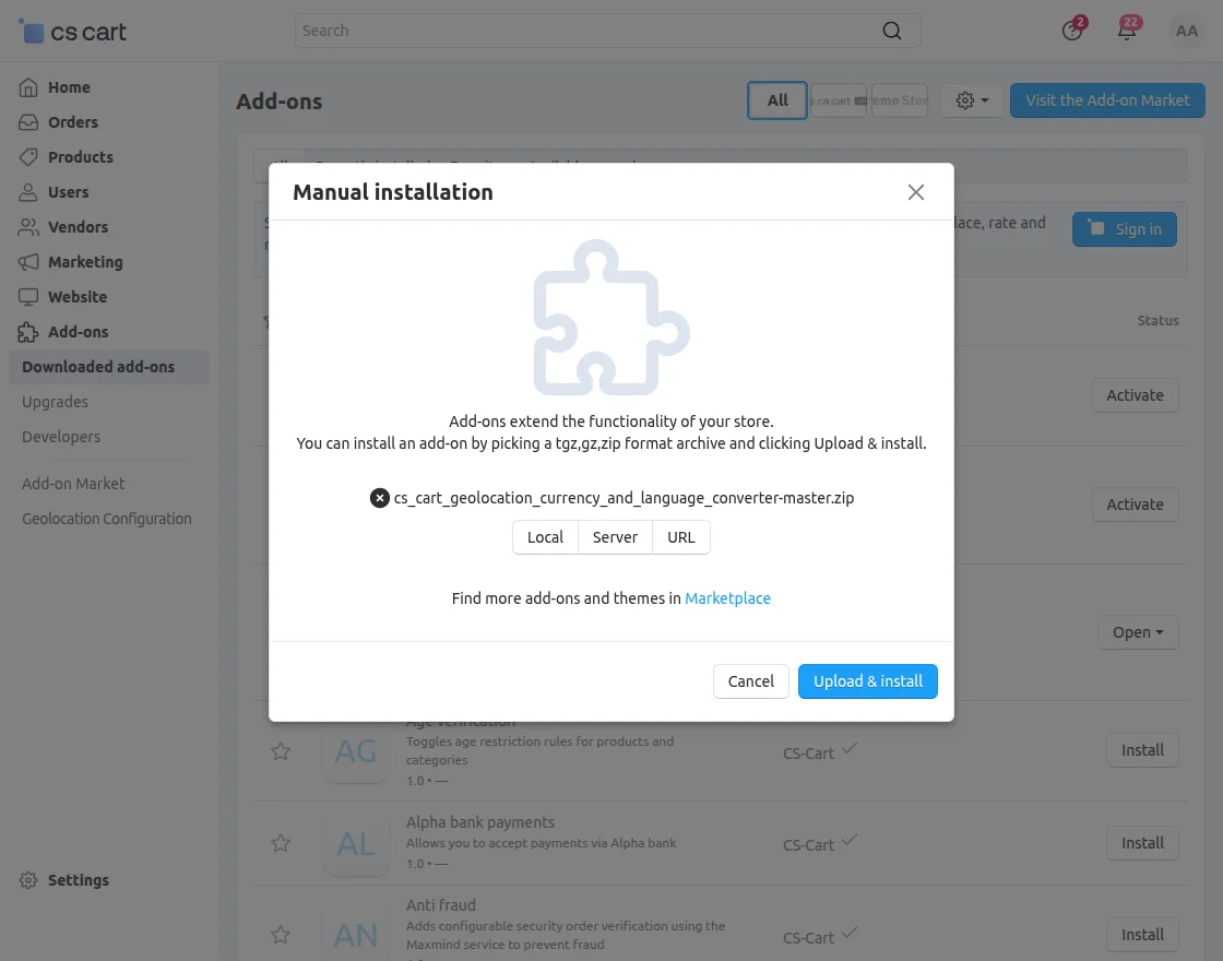 CS-Cart addon installation