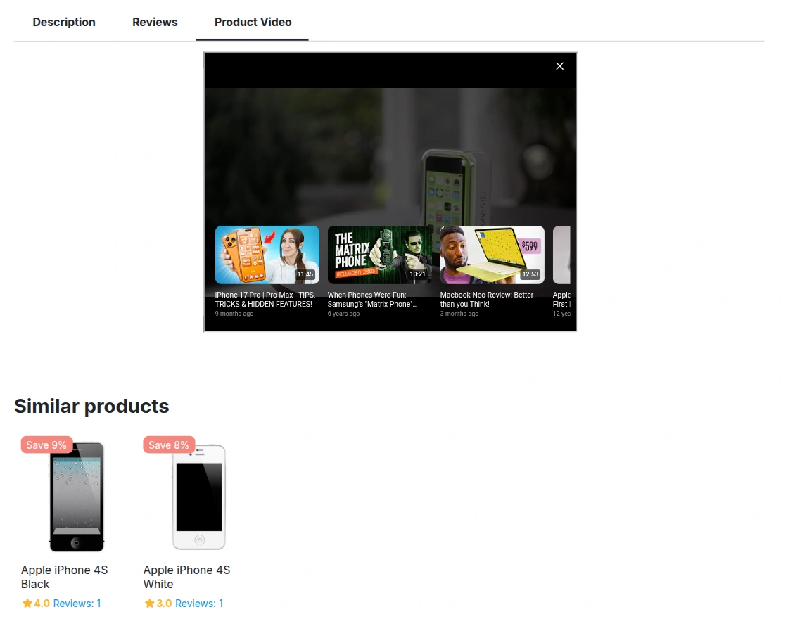 If the admin has configured a YouTube Video List ID, the Product Video tab also displays videos from the selected playlist. Customers can browse and watch multiple related videos from the same playlist without leaving the product page.

The snapshot below shows the YouTube video playlist displayed in the Product Video tab.