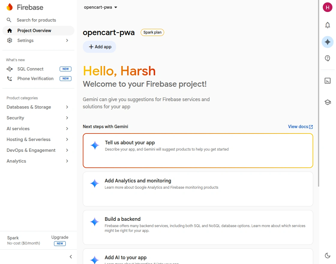 firebase project dashboard