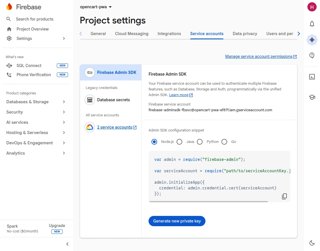 firebase private key generation
