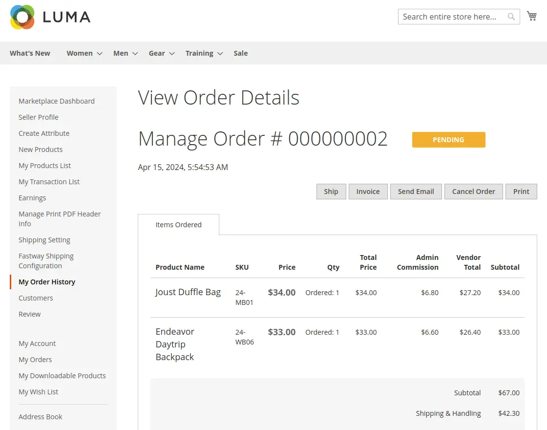 vendor view  order information