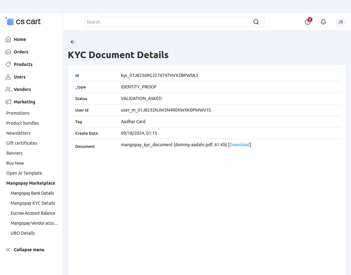 mangopay kyc details view