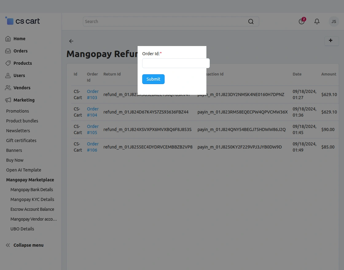 mangopay refund by orderid