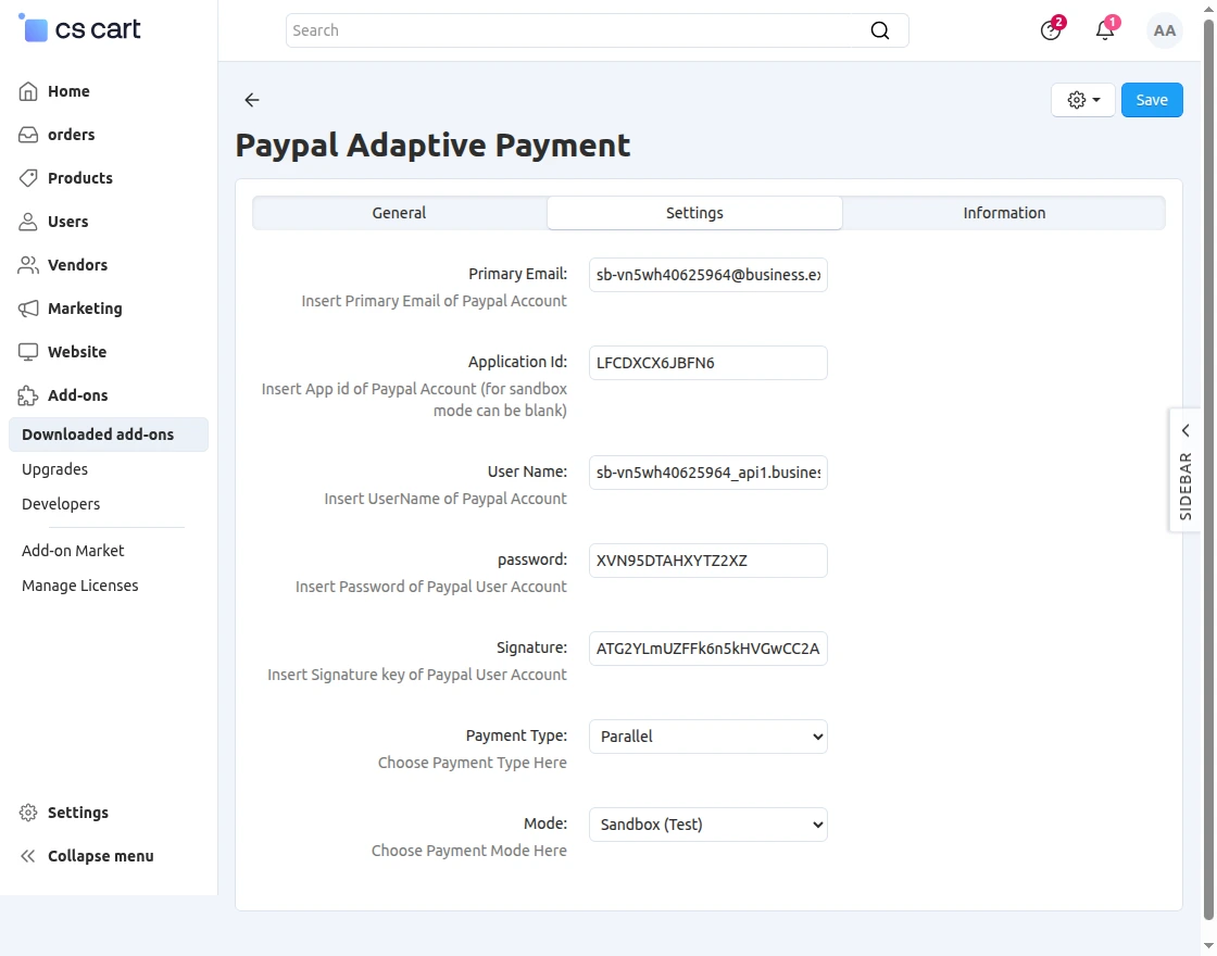 paypal setting