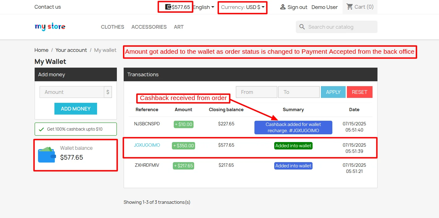 amount added in wallet