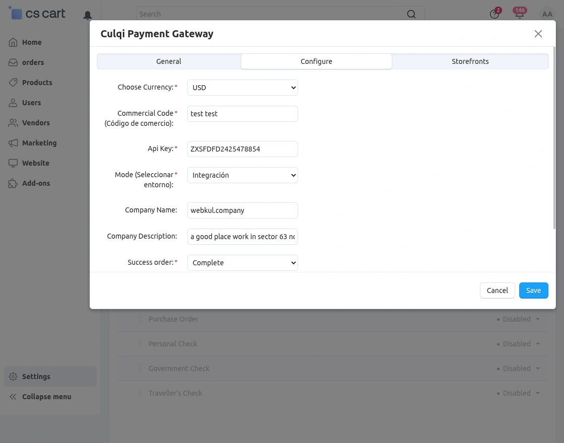 culqi payment configuration