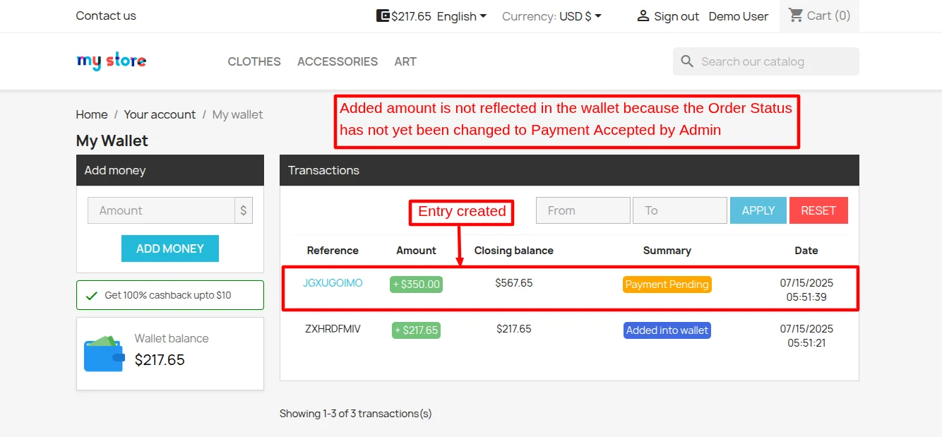 entry created in wallet