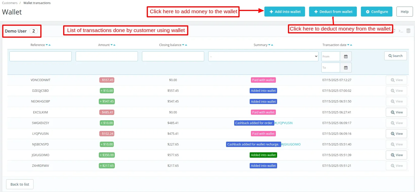 list of transations by a customer