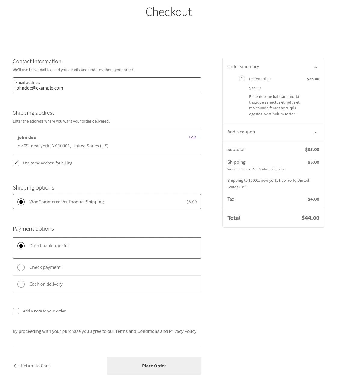 per product shipping checkout page