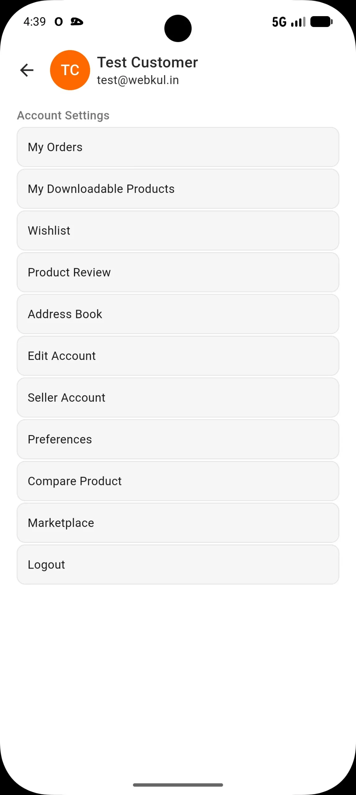 account page navigation