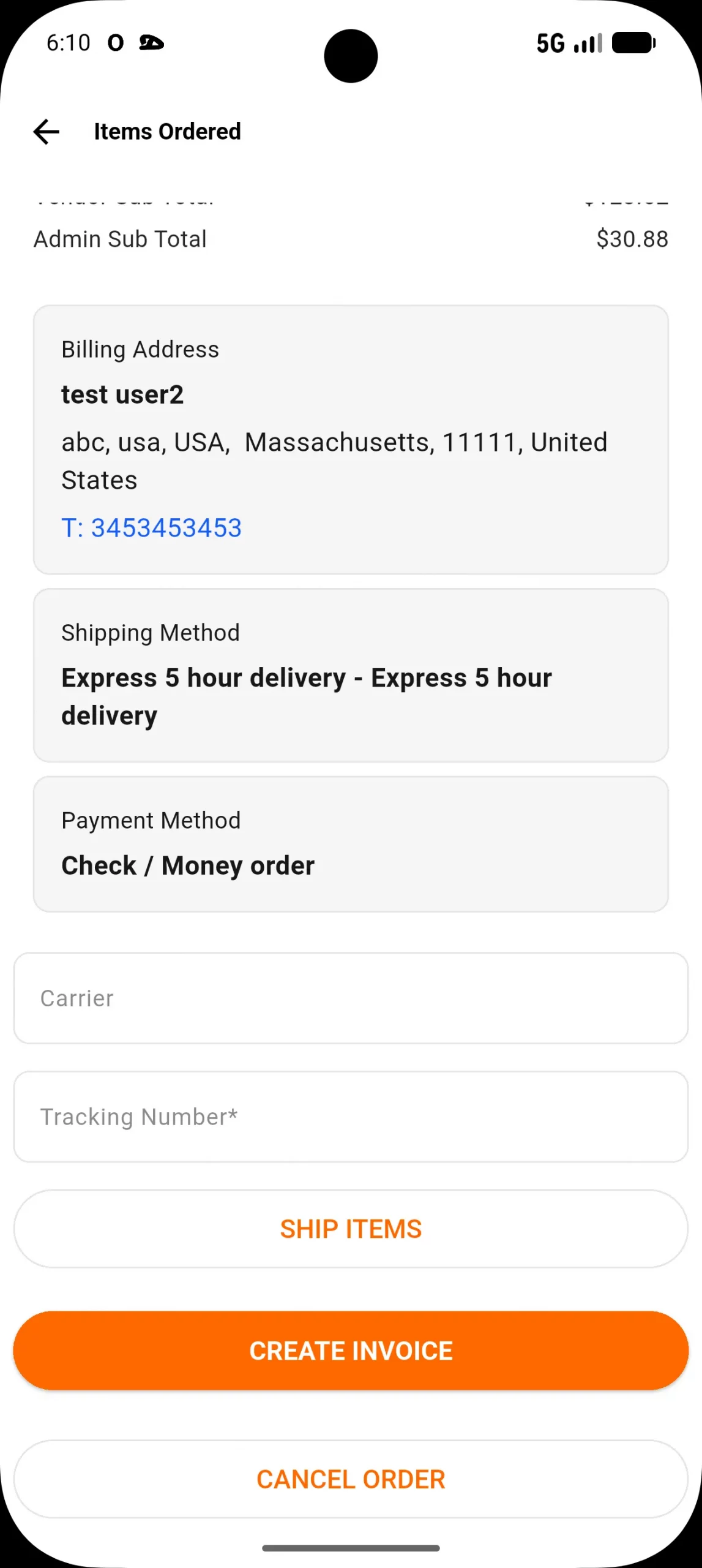 invoice and shipment option