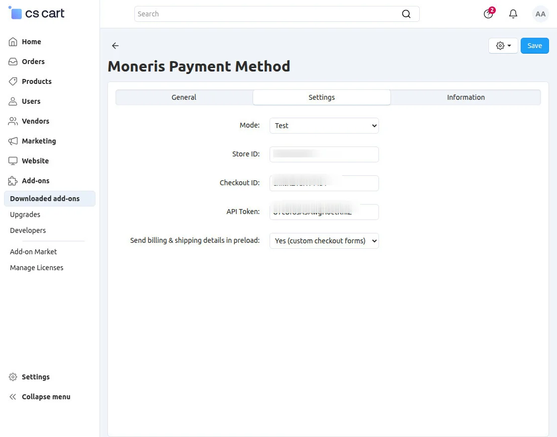CS-Cart Moneris Payment gateway addon configuration