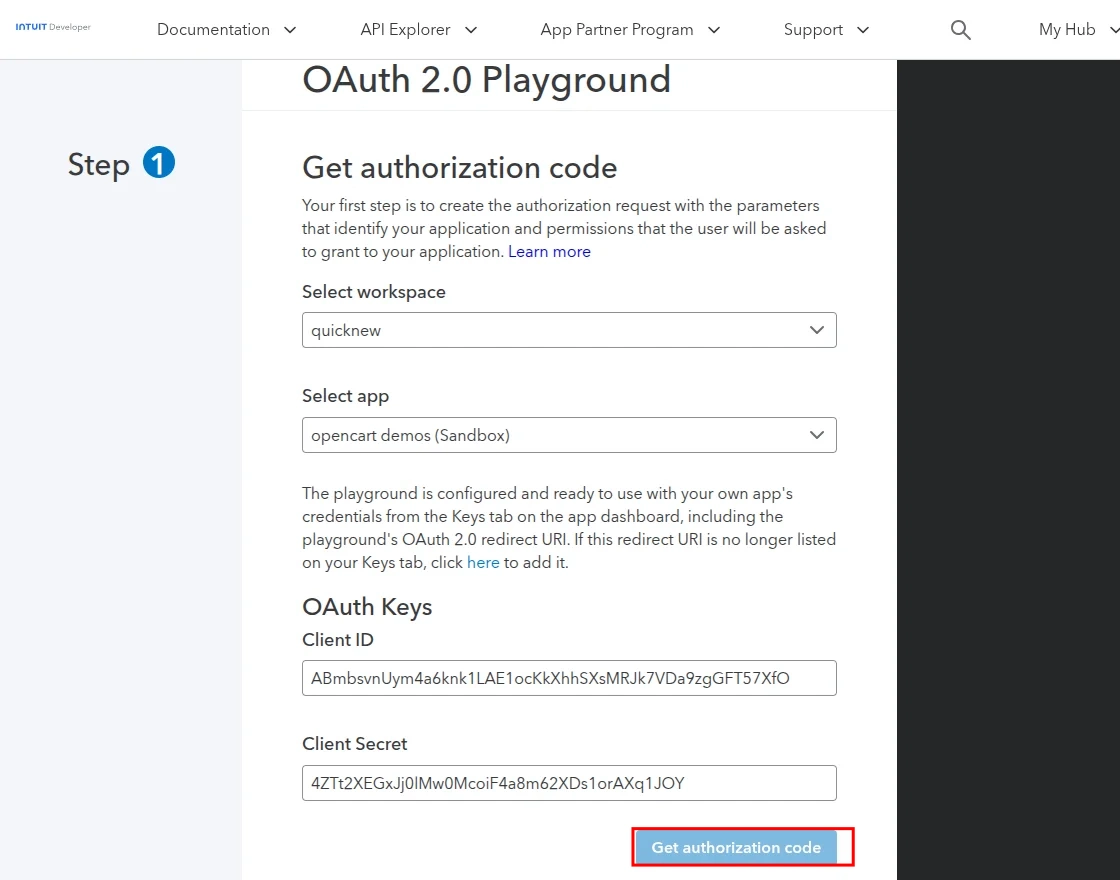 QuickBook auth code