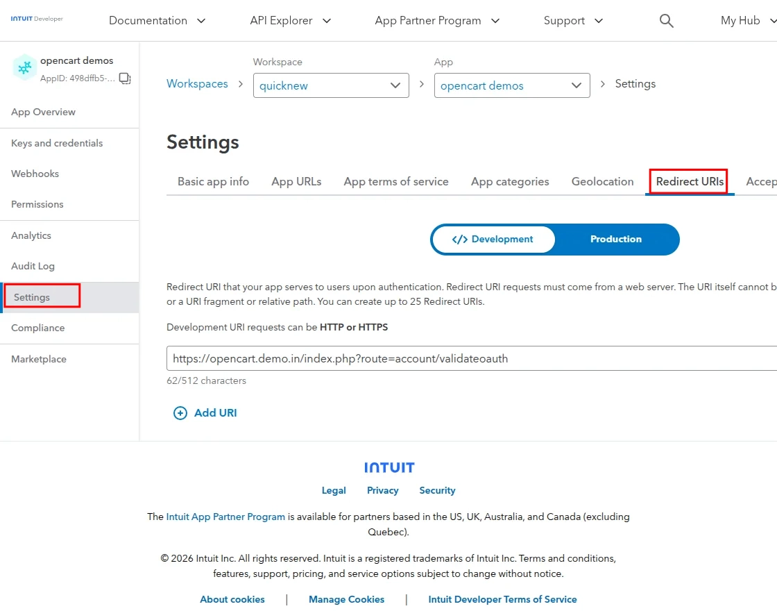 QuickBook Redirect Url