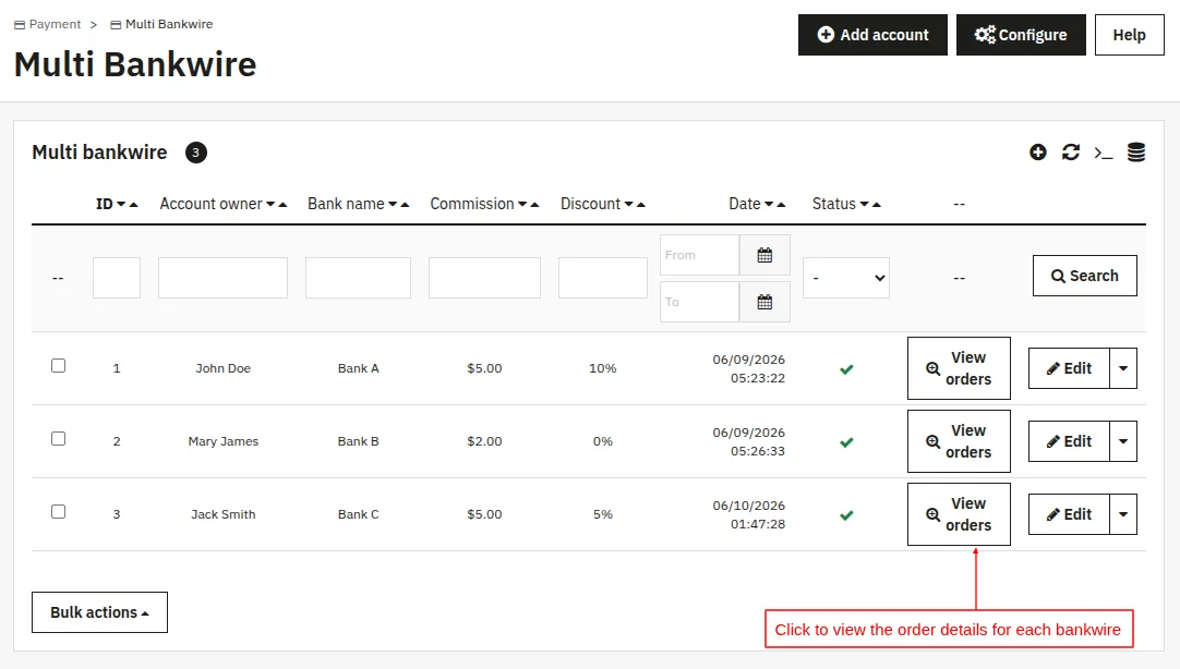 Click to view the order details for each bankwire