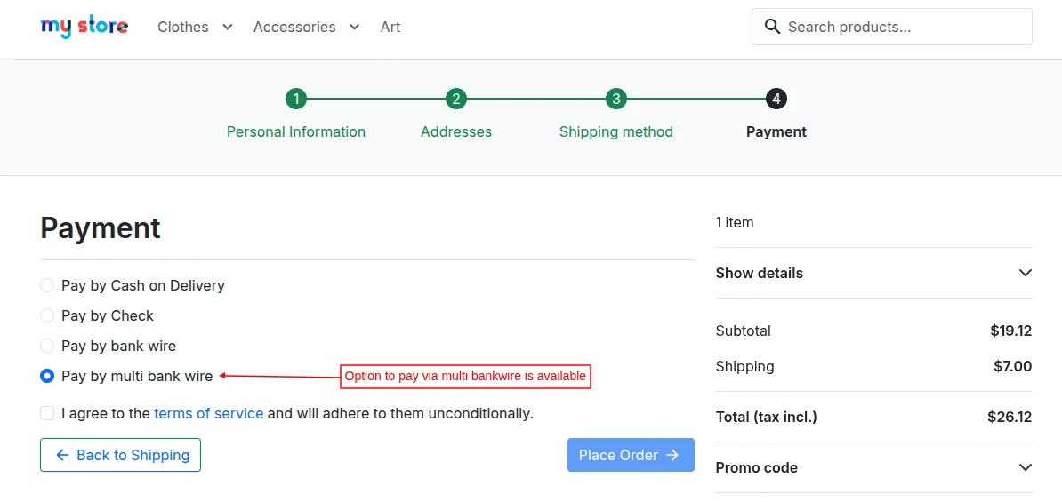 Option to pay via Multi Bankwire payment