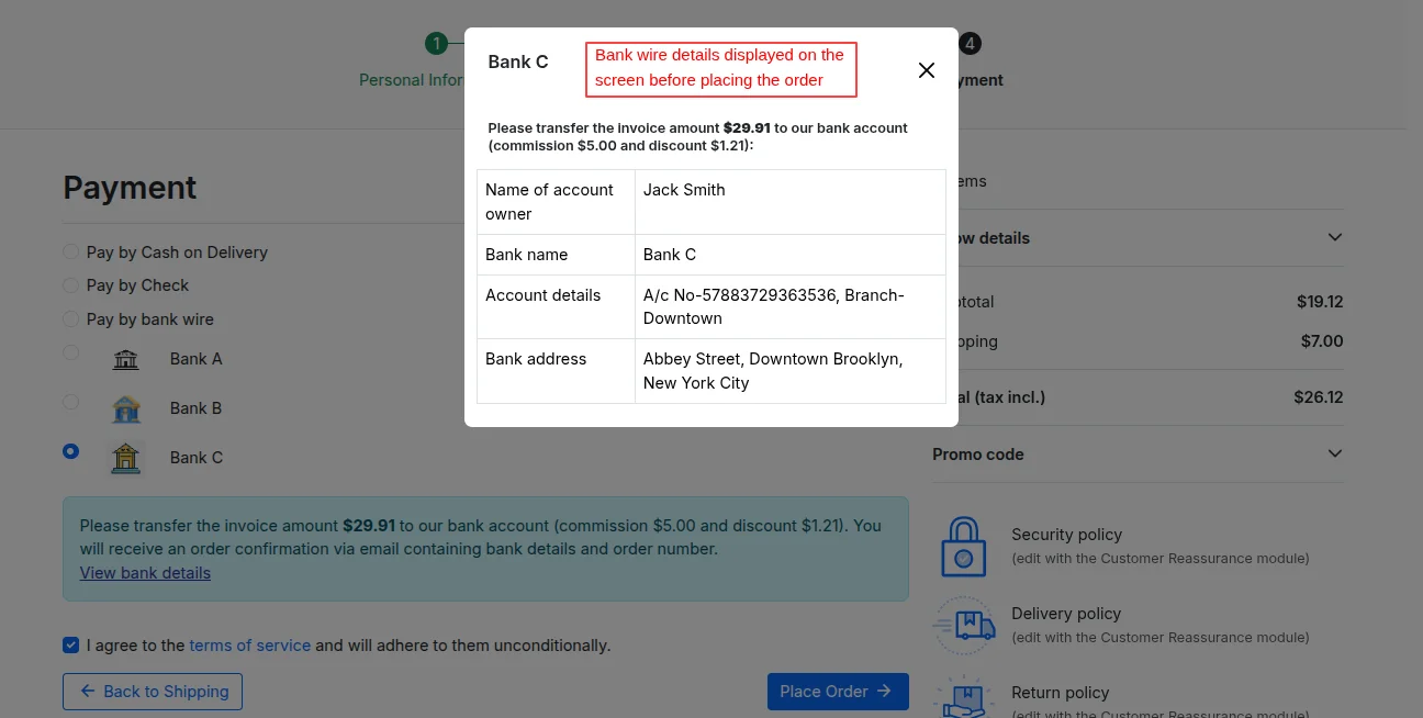 Bank wire details displayed on the screen