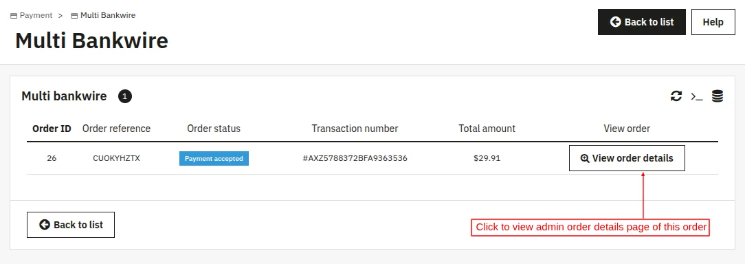 Multi Bankwire details page