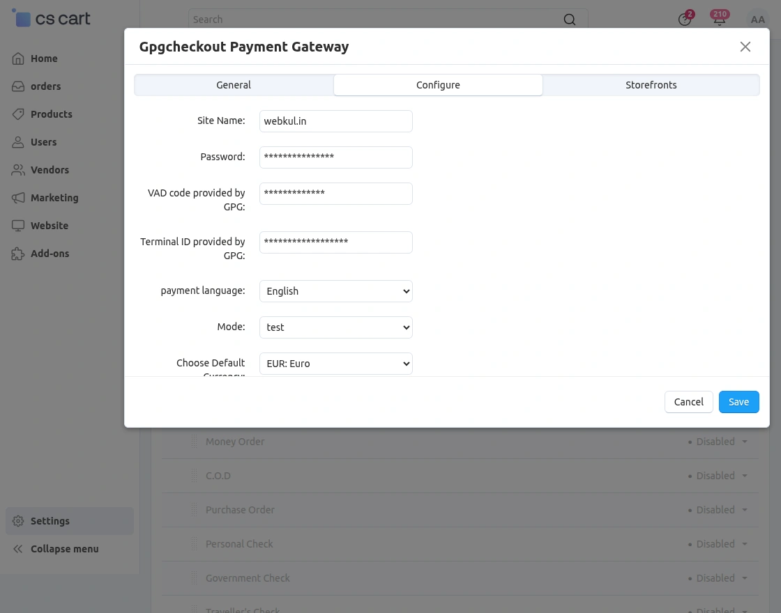 gpg payment configuration