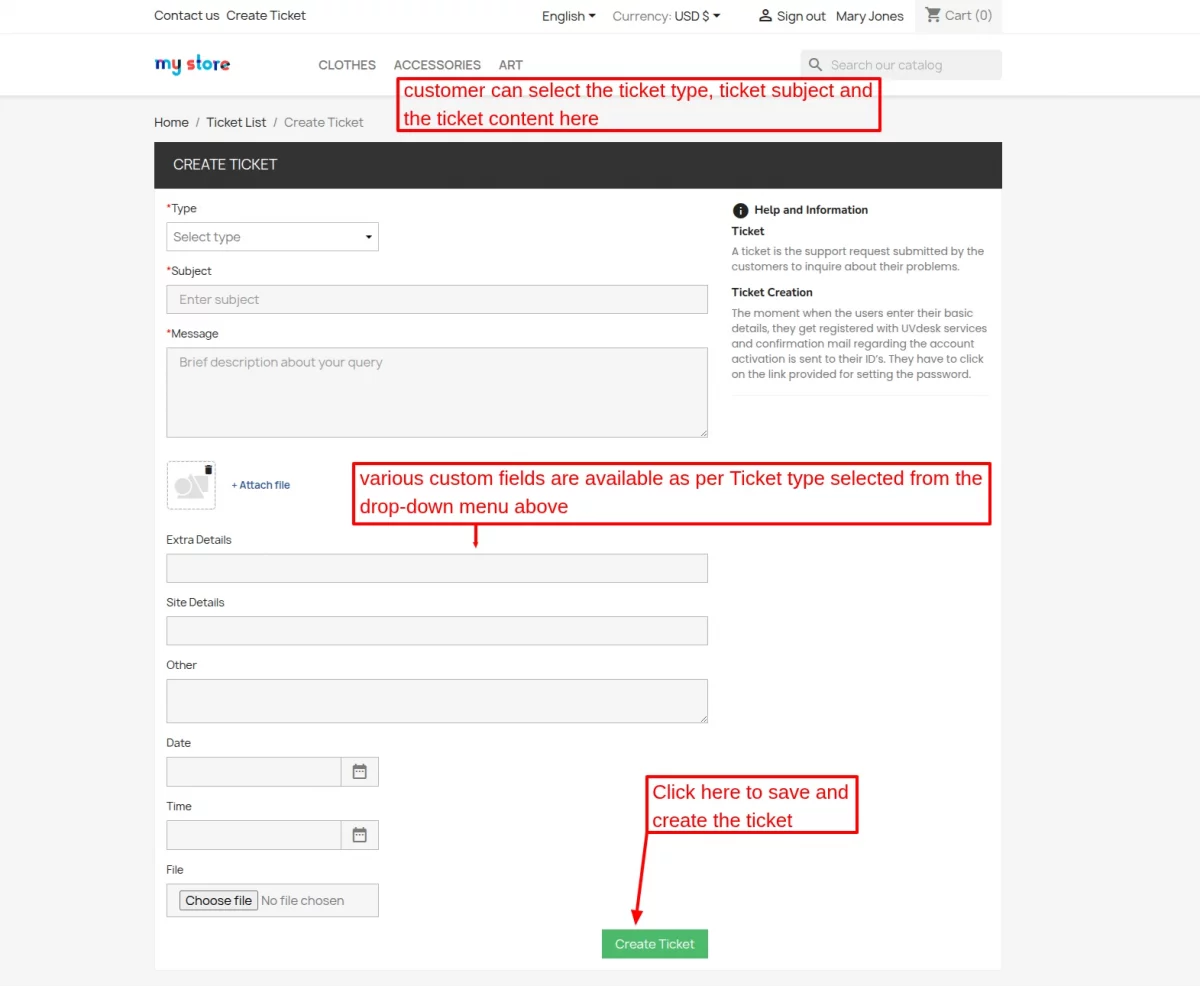 create ticket as per the reported query