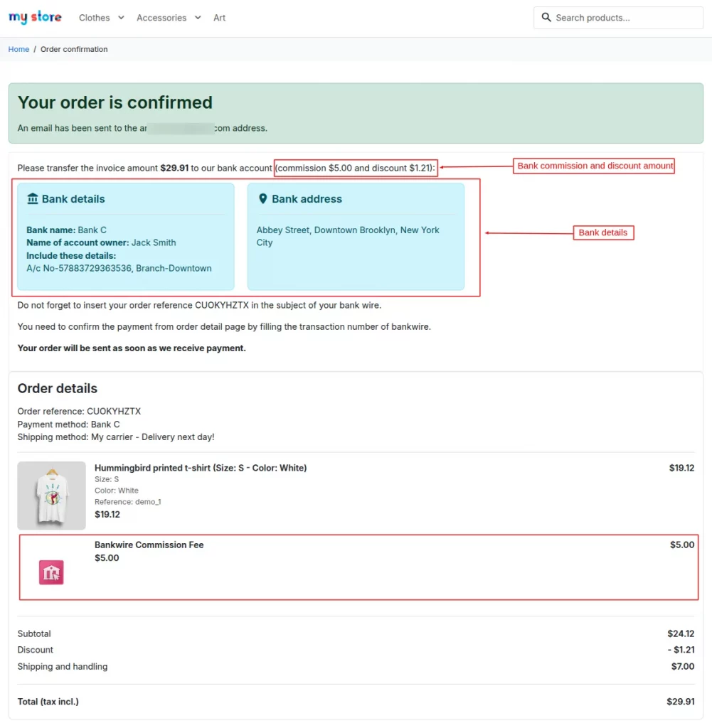 Order confirmation page