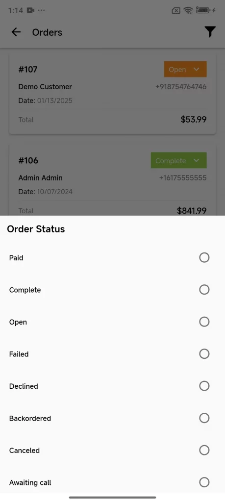 order status update