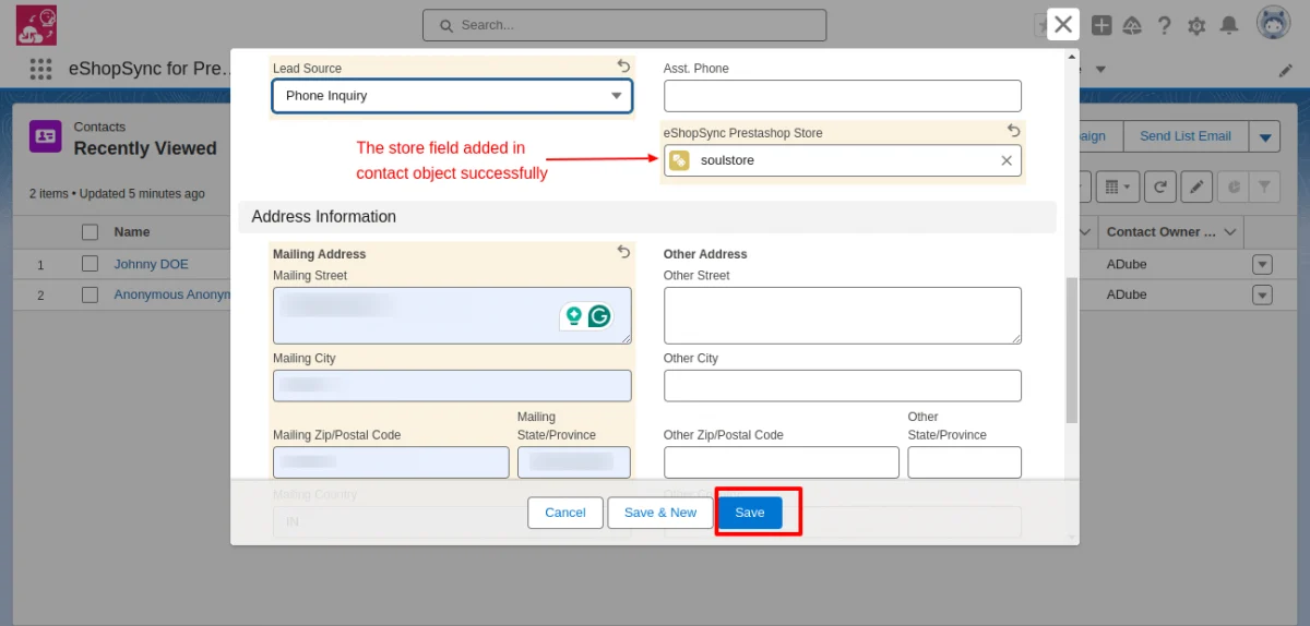 salesforce prestashop contact