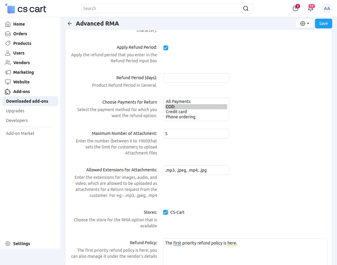 advanced rma configuration