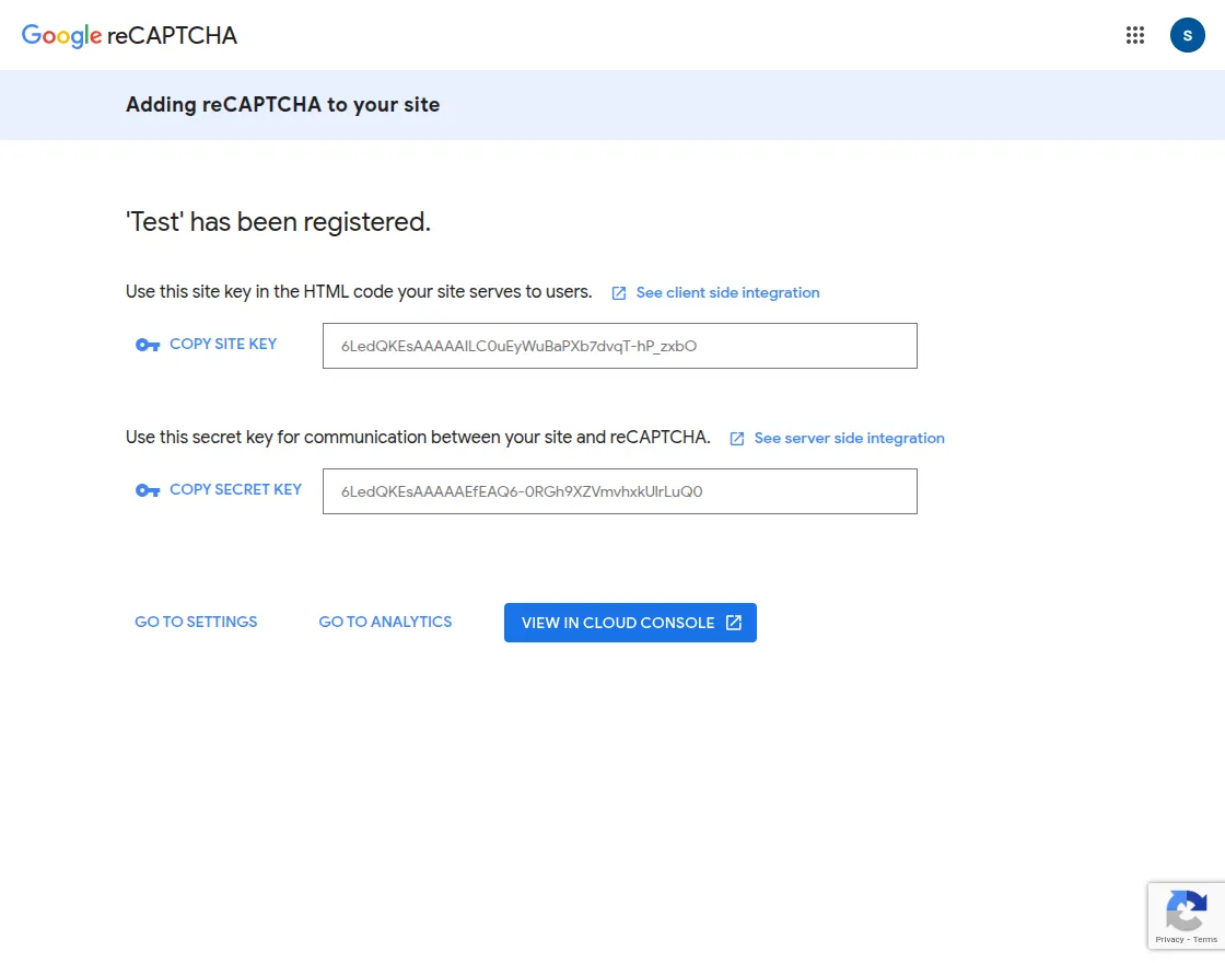 Captcha site key and captcha secret key.