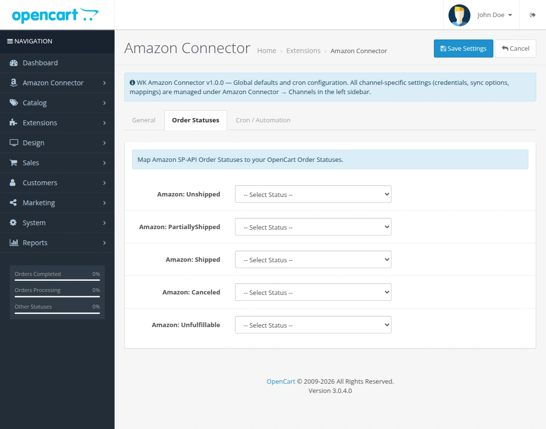 oc-amazon-connector-order-status-configuration