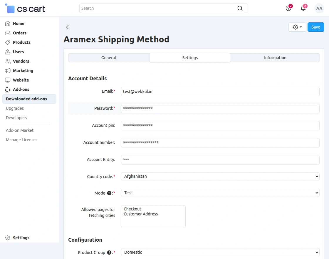 aramex configuration