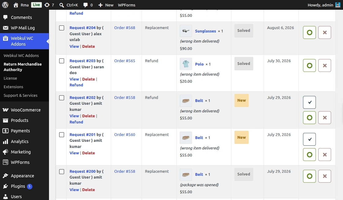 Manage RMA return-request-action