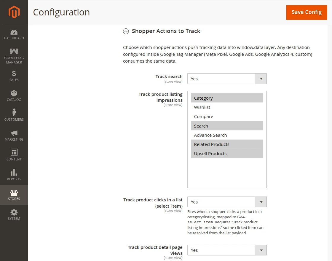 shoppers actions to track in gtm