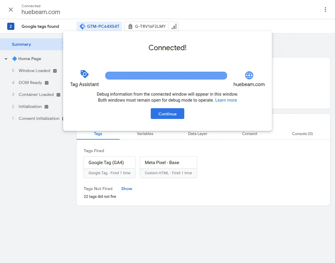 adobe commerce gtm extension connected on debug mode
