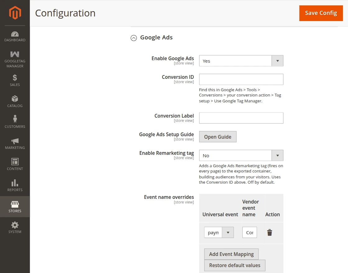google ads configuration in magento 2 gtm extension